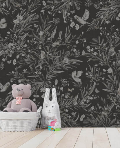 musta mukautettu lastentarhan seinämaalaus nimeltä Playful Robins - Monochrome Black, kirjoittanut Kikki Belle leikkihuoneisiin musta mukautettu lastentarhan seinämaalaus nimeltä Playful Robins - Monochrome Black, kirjoittanut Kikki Belle leikkihuoneisiin