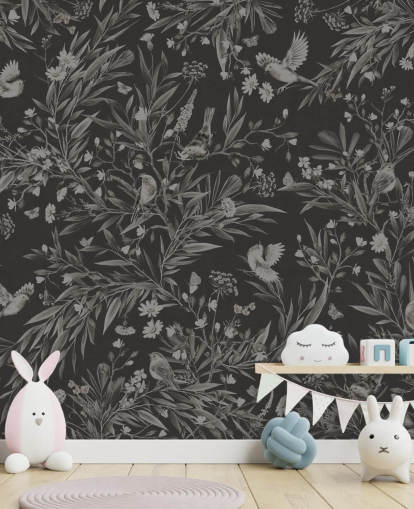 murale nero personalizzato per camerette chiamato Playful Robins - Monochrome Black di Kikki Belle per sale giochi