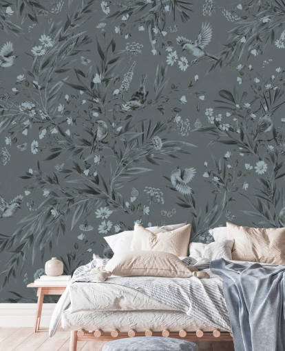 blaues individuelles Kinderzimmer-Wandbild namens Playful Robins - Monochrome Blue von Kikki Belle