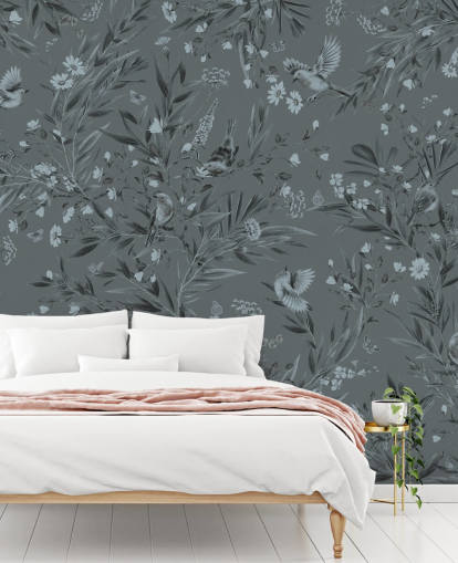 blå anpassad barnkammarmålning som heter Playful Robins - Monochrome Blue av Kikki Belle