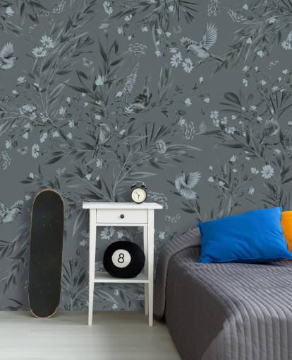 blaues individuelles Kinderzimmer-Wandbild namens Playful Robins - Monochrome Blue von Kikki Belle