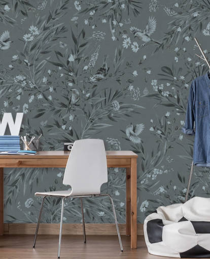 blauwe op maat gemaakte kinderkamermuurschildering genaamd Playful Robins - Monochrome Blue van Kikki Belle