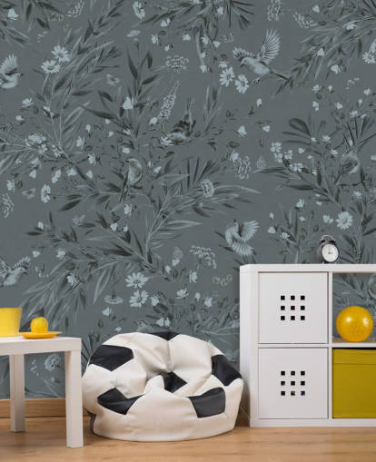 peinture murale bleue personnalisée pour chambre d'enfant appelée Playful Robins - Monochrome Blue de Kikki Belle
