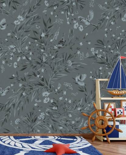 blue custom nursery mural called Playful Robins - Monochrome Blue by Kikki Belle