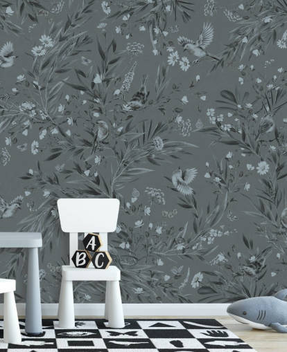 blå anpassad barnkammarmålning som heter Playful Robins - Monochrome Blue av Kikki Belle
