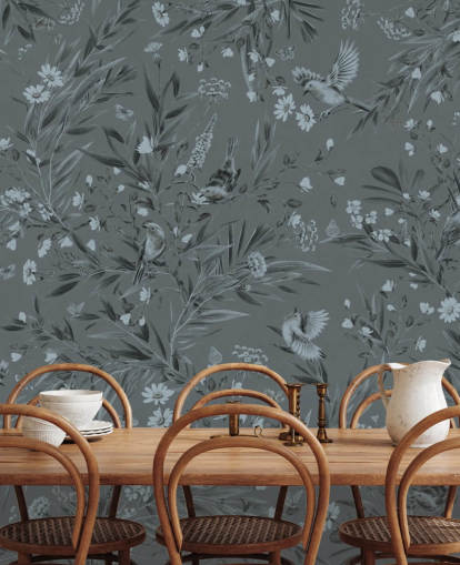 murale blu personalizzato per la cameretta dei bambini chiamato Playful Robins - Monochrome Blue di Kikki Belle murale blu personalizzato per la cameretta dei bambini chiamato Playful Robins - Monochrome Blue di Kikki Belle