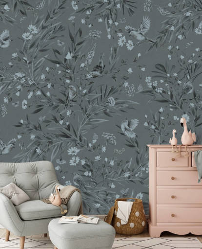 blue custom nursery mural called Playful Robins - Monochrome Blue by Kikki Belle blue custom nursery mural called Playful Robins - Monochrome Blue by Kikki Belle