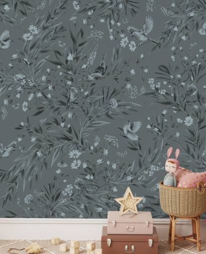 blå anpassad barnkammarmålning som heter Playful Robins - Monochrome Blue av Kikki Belle blå anpassad barnkammarmålning som heter Playful Robins - Monochrome Blue av Kikki Belle