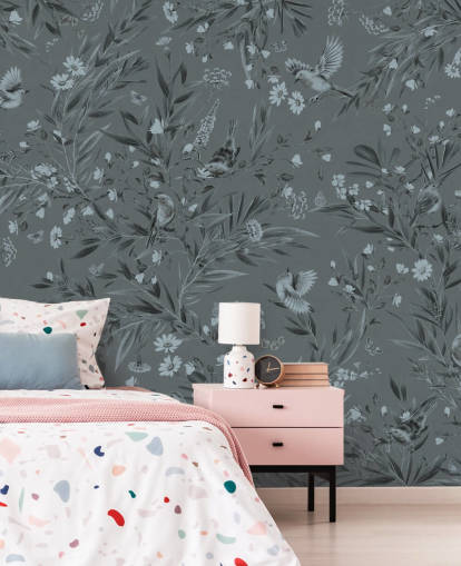 blue custom nursery mural called Playful Robins - Monochrome Blue by Kikki Belle