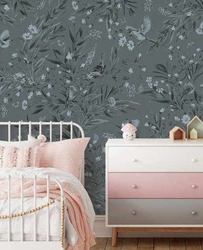 blauwe op maat gemaakte kinderkamermuurschildering genaamd Playful Robins - Monochrome Blue van Kikki Belle blauwe op maat gemaakte kinderkamermuurschildering genaamd Playful Robins - Monochrome Blue van Kikki Belle