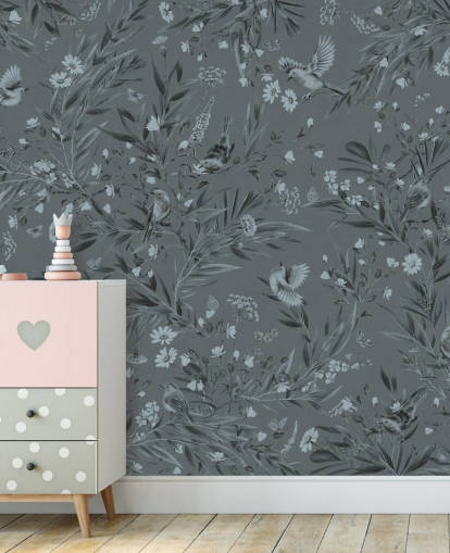 blått tilpasset barnehage veggmaleri kalt Playful Robins - Monochrome Blue av Kikki Belle