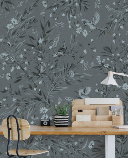 blaues individuelles Kinderzimmer-Wandbild namens Playful Robins - Monochrome Blue von Kikki Belle