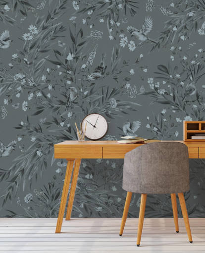 mural de berçário personalizado azul chamado Playful Robins - Monochrome Blue de Kikki Belle mural de berçário personalizado azul chamado Playful Robins - Monochrome Blue de Kikki Belle