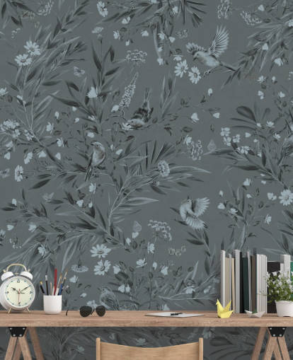 murale blu personalizzato per la cameretta dei bambini chiamato Playful Robins - Monochrome Blue di Kikki Belle murale blu personalizzato per la cameretta dei bambini chiamato Playful Robins - Monochrome Blue di Kikki Belle