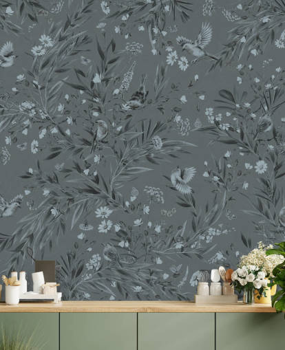 mural de berçário personalizado azul chamado Playful Robins - Monochrome Blue de Kikki Belle mural de berçário personalizado azul chamado Playful Robins - Monochrome Blue de Kikki Belle