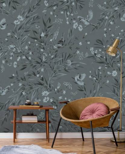 sininen mukautettu lastentarhan seinämaalaus nimeltä Playful Robins - Monochrome Blue, kirjoittanut Kikki Belle