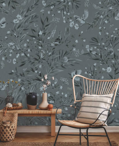 blå anpassad barnkammarmålning som heter Playful Robins - Monochrome Blue av Kikki Belle