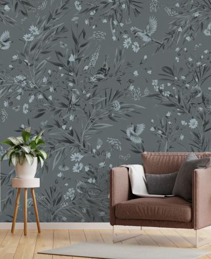 blue custom nursery mural called Playful Robins - Monochrome Blue by Kikki Belle