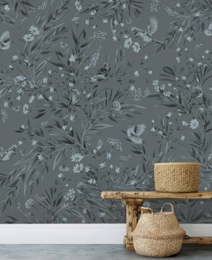 peinture murale bleue personnalisée pour chambre d'enfant appelée Playful Robins - Monochrome Blue de Kikki Belle