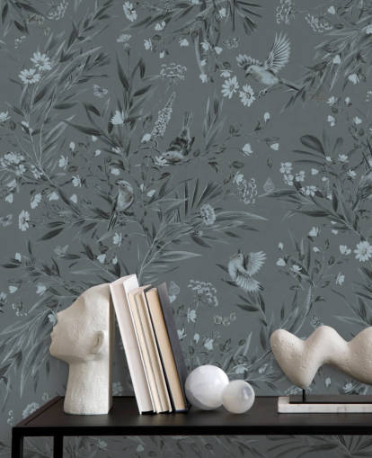 blue custom nursery mural called Playful Robins - Monochrome Blue by Kikki Belle