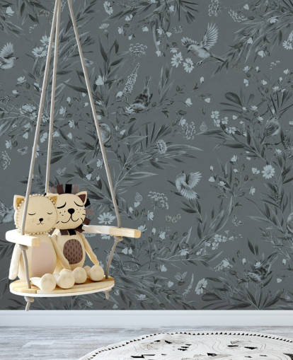 blaues individuelles Kinderzimmer-Wandbild namens Playful Robins - Monochrome Blue von Kikki Belle blaues individuelles Kinderzimmer-Wandbild namens Playful Robins - Monochrome Blue von Kikki Belle