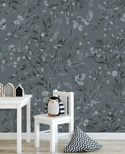 blaues individuelles Kinderzimmer-Wandbild namens Playful Robins - Monochrome Blue von Kikki Belle