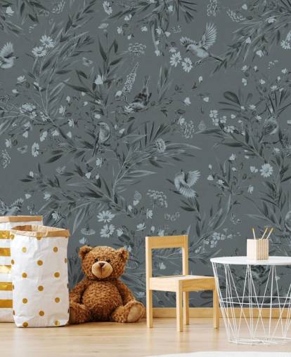 blue custom nursery mural called Playful Robins - Monochrome Blue by Kikki Belle