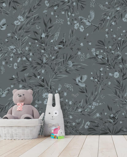 blå anpassad barnkammarmålning som heter Playful Robins - Monochrome Blue av Kikki Belle