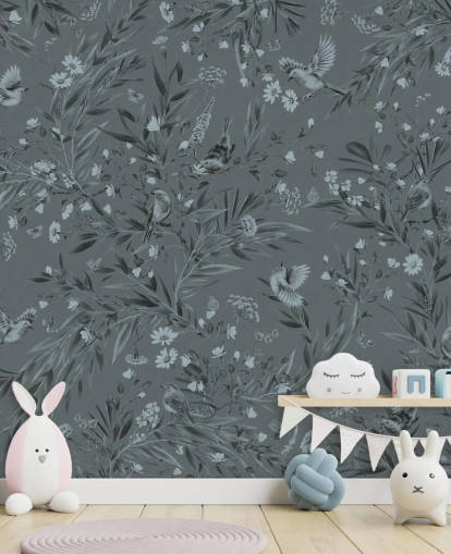 blue custom nursery mural called Playful Robins - Monochrome Blue by Kikki Belle