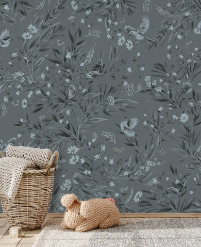 blue custom nursery mural called Playful Robins - Monochrome Blue by Kikki Belle