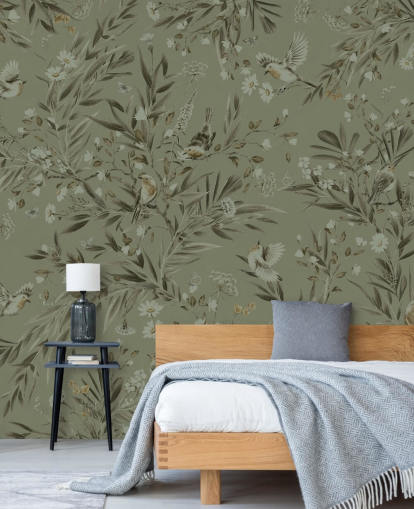 green customisable playroom wall mural called Playful Robins - Monochrome Green for nurseries