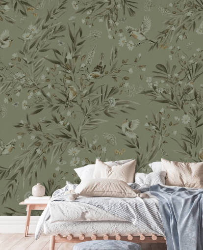 vihreä muokattava leikkihuoneen seinämaalaus nimeltä Playful Robins - Monochrome Green lastentarhoille