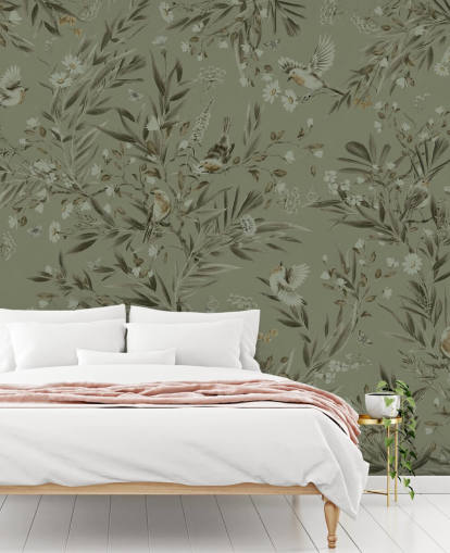 vihreä muokattava leikkihuoneen seinämaalaus nimeltä Playful Robins - Monochrome Green lastentarhoille vihreä muokattava leikkihuoneen seinämaalaus nimeltä Playful Robins - Monochrome Green lastentarhoille