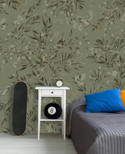 Grünes personalisierbares Wandbild für das Spielzimmer namens Playful Robins - Einfarbiges Grün für Kindergärten