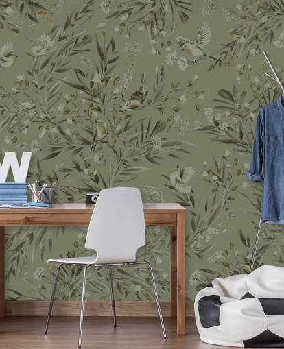 groene aanpasbare speelkamermuurschildering genaamd Playful Robins - Monochrome Green voor kinderdagverblijven