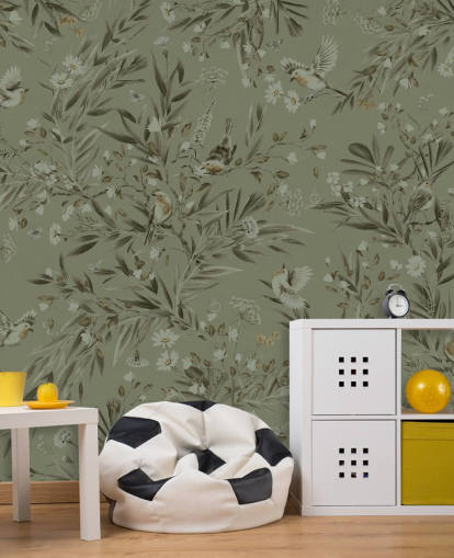 grønt tilpassbart lekerom veggmaleri kalt Playful Robins - Monochrome Green for barnehager