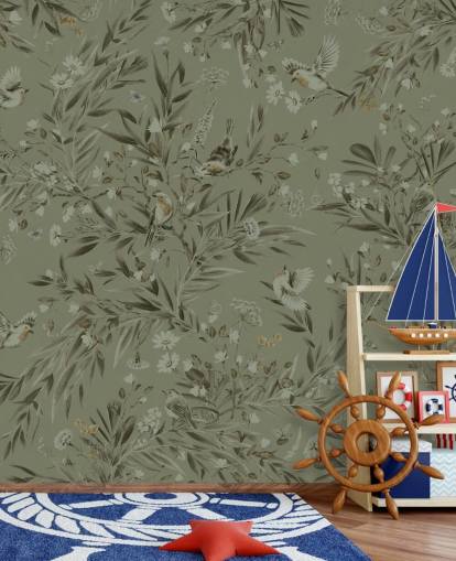 green customizable playroom wall mural called Playful Robins - Monochrome Green for nurseries