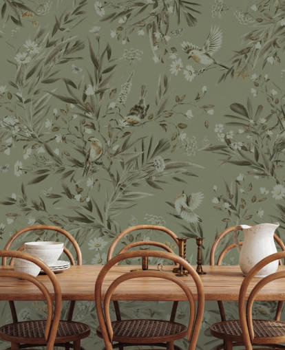 murale verde personalizzabile per la stanza dei giochi chiamato Playful Robins - Monochrome Green for nurseries