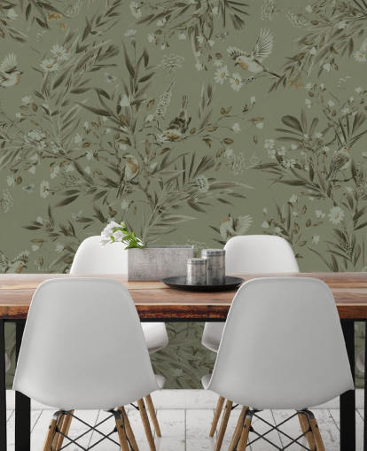 green customisable playroom wall mural called Playful Robins - Monochrome Green for nurseries