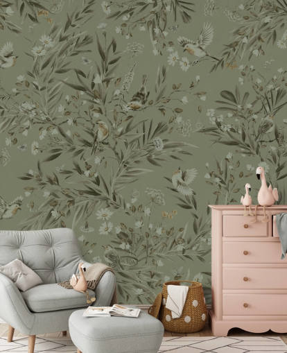 groene aanpasbare speelkamermuurschildering genaamd Playful Robins - Monochrome Green voor kinderdagverblijven
