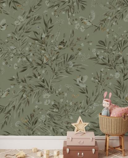 Grünes personalisierbares Wandbild für das Spielzimmer namens Playful Robins - Einfarbiges Grün für Kindergärten Grünes personalisierbares Wandbild für das Spielzimmer namens Playful Robins - Einfarbiges Grün für Kindergärten