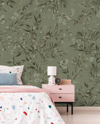 mural de parede de sala de jogos personalizável verde chamado Playful Robins - Verde monocromático para creches