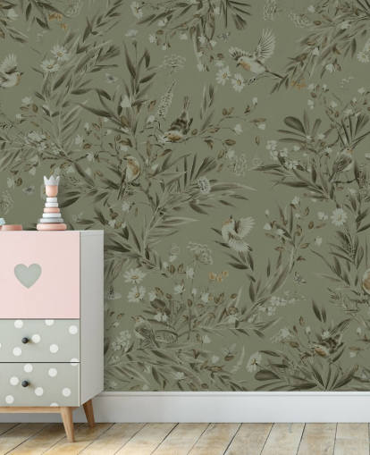 vihreä muokattava leikkihuoneen seinämaalaus nimeltä Playful Robins - Monochrome Green lastentarhoille