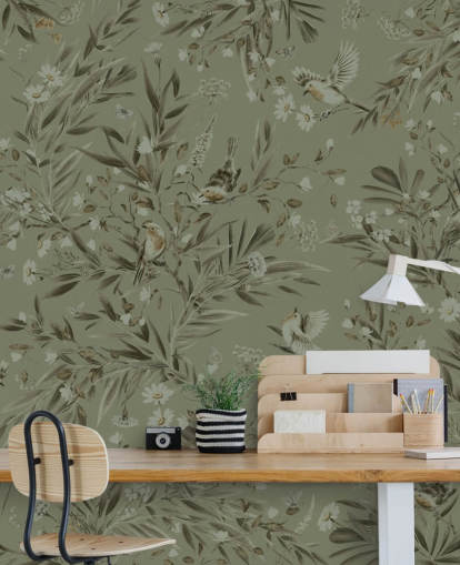 mural de pared verde personalizable para sala de juegos llamado Playful Robins, verde monocromo para guarderías