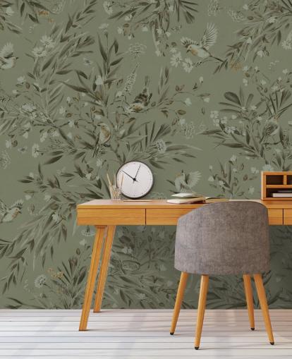 green customisable playroom wall mural called Playful Robins - Monochrome Green for nurseries