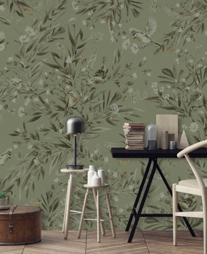 mural de pared verde personalizable para sala de juegos llamado Playful Robins, verde monocromo para guarderías mural de pared verde personalizable para sala de juegos llamado Playful Robins, verde monocromo para guarderías