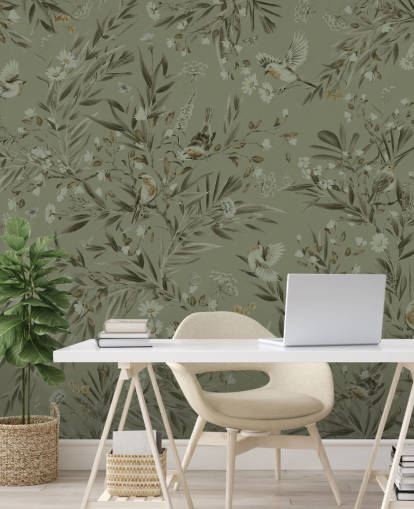 grønt tilpassbart lekerom veggmaleri kalt Playful Robins - Monochrome Green for barnehager