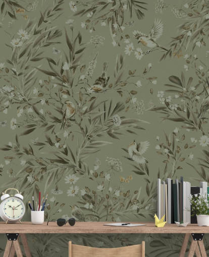 vihreä muokattava leikkihuoneen seinämaalaus nimeltä Playful Robins - Monochrome Green lastentarhoille