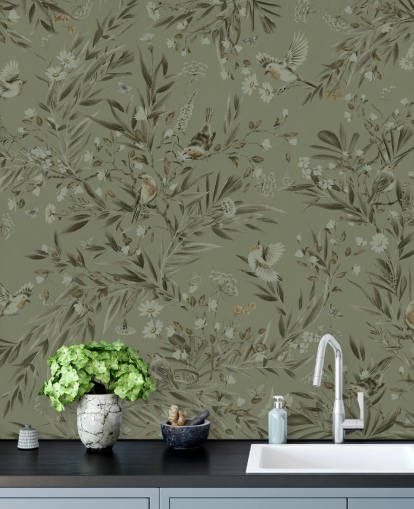 green customisable playroom wall mural called Playful Robins - Monochrome Green for nurseries