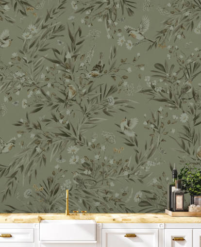 groene aanpasbare speelkamermuurschildering genaamd Playful Robins - Monochrome Green voor kinderdagverblijven